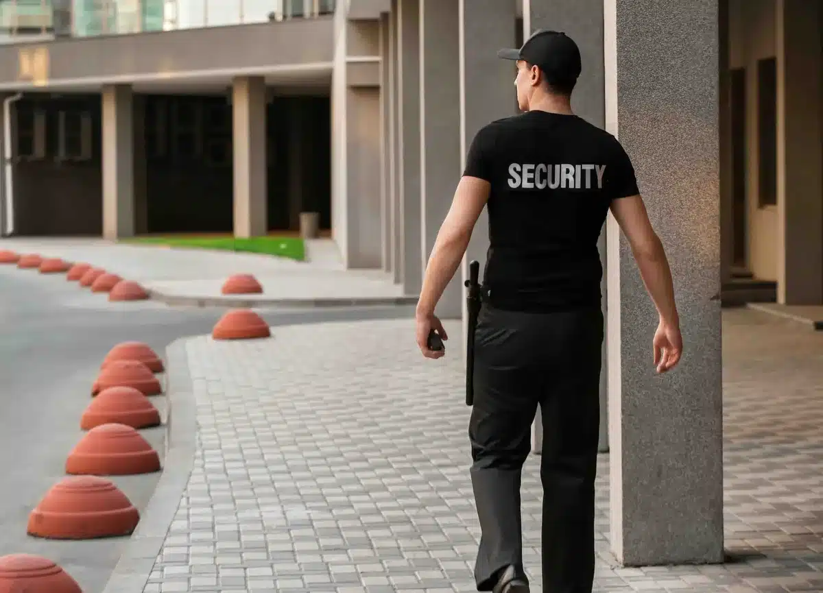 Security guard conducting exterior perimeter patrol of Toronto condominium building at night