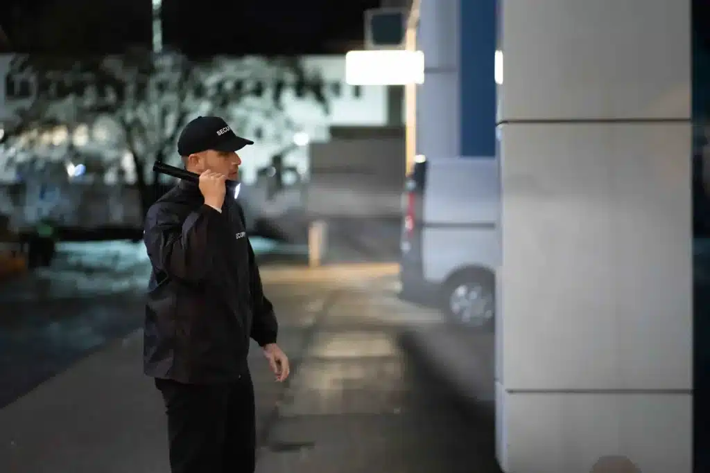 Licensed security guard managing access control at film production location in Toronto Ontario